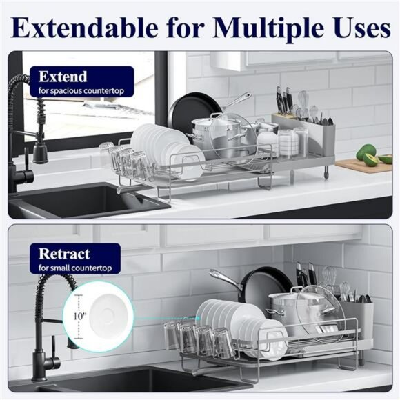 Large extendable dish drying rack with drainboard cutlery holder kitchen counter - Picture 3 of 8